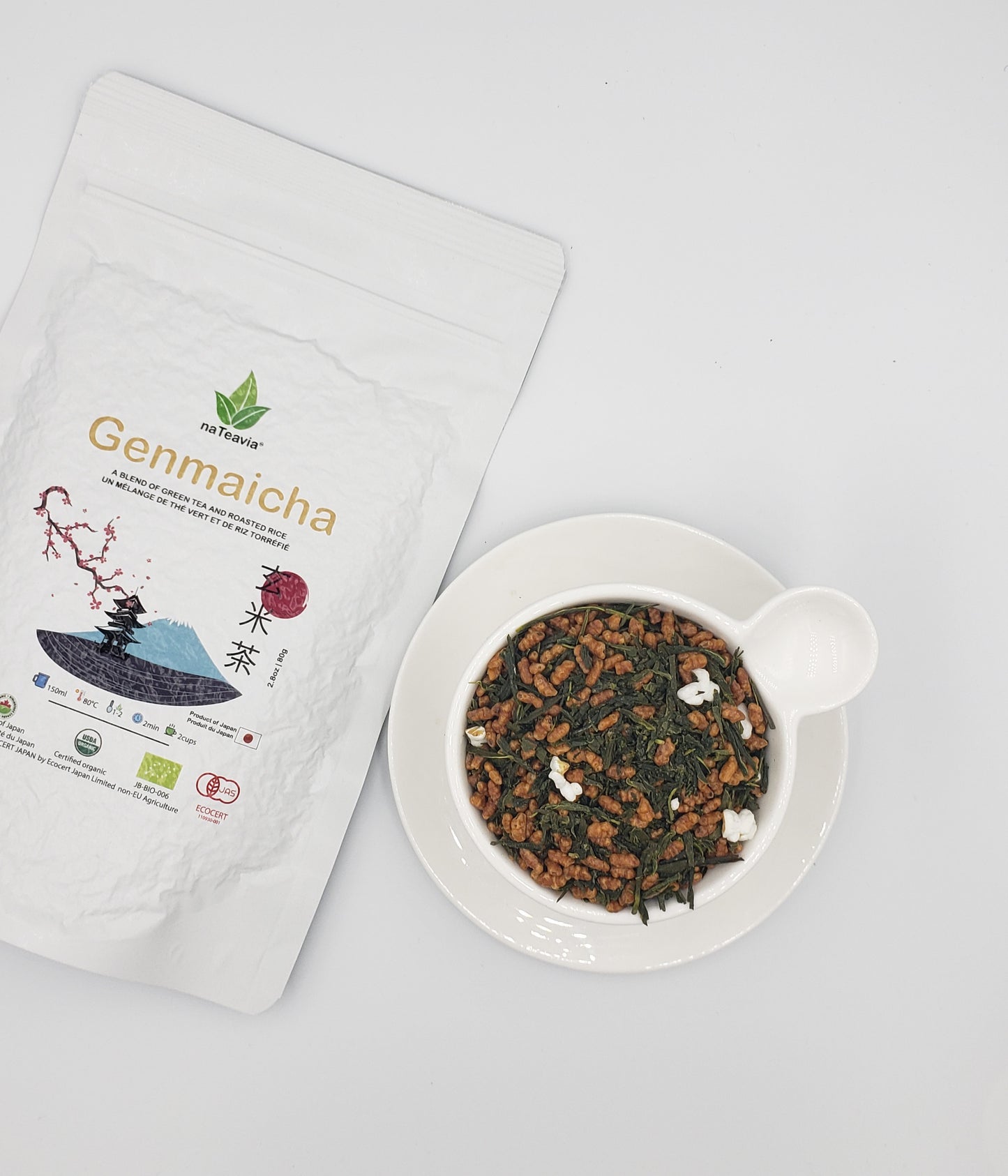 Nateavia Genmaicha, Organic Japanese sencha and toasted brown rice, Yabukita cultivar, Light taste, Authentic Japanese Origin, 80g