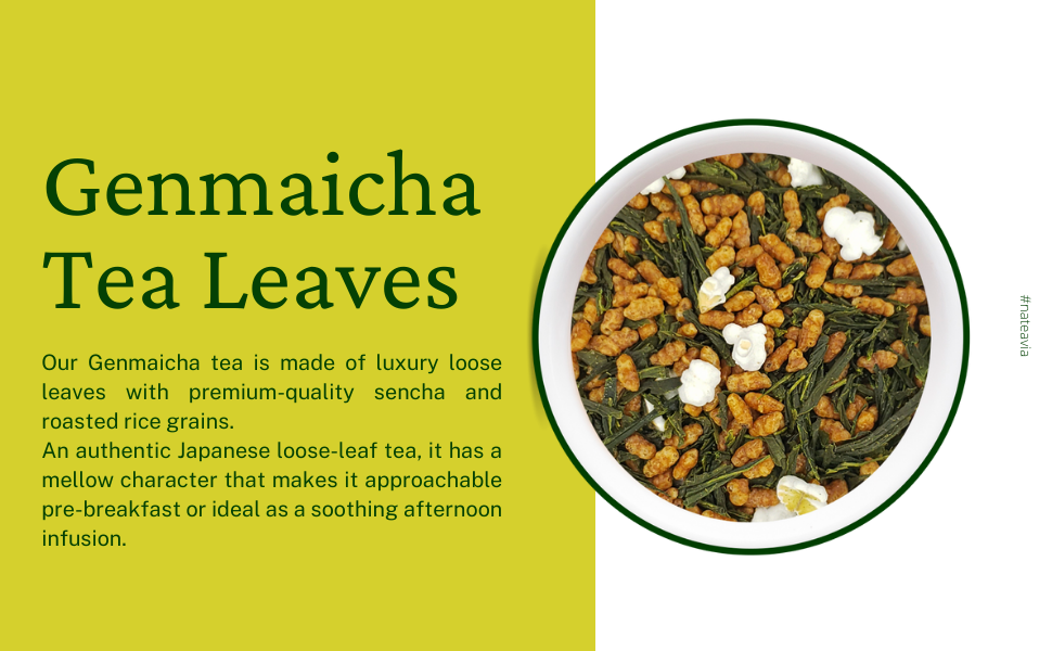 Nateavia Genmaicha, Organic Japanese sencha and toasted brown rice, Yabukita cultivar, Light taste, Authentic Japanese Origin, 80g