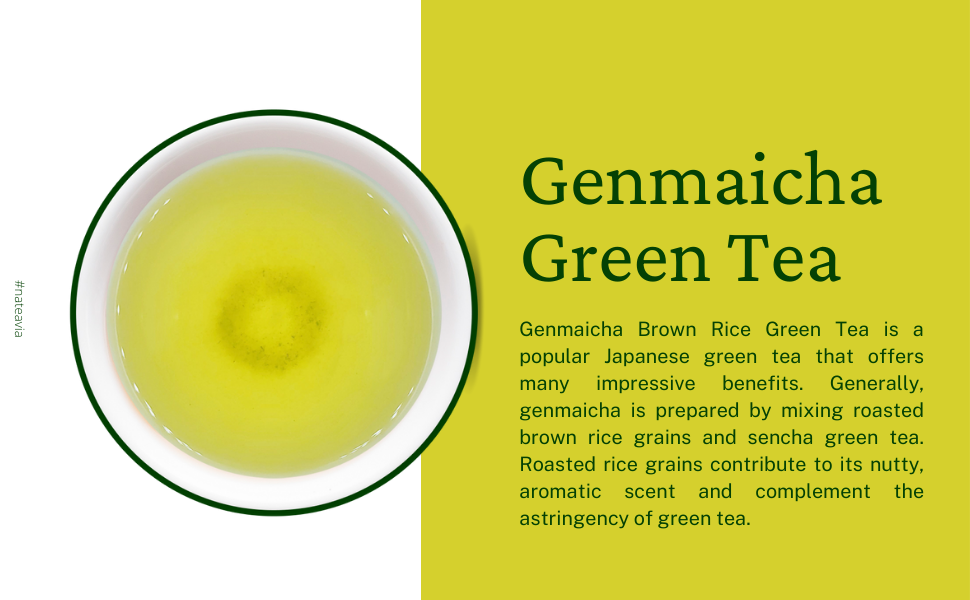 Nateavia Genmaicha, Organic Japanese sencha and toasted brown rice, Yabukita cultivar, Light taste, Authentic Japanese Origin, 80g