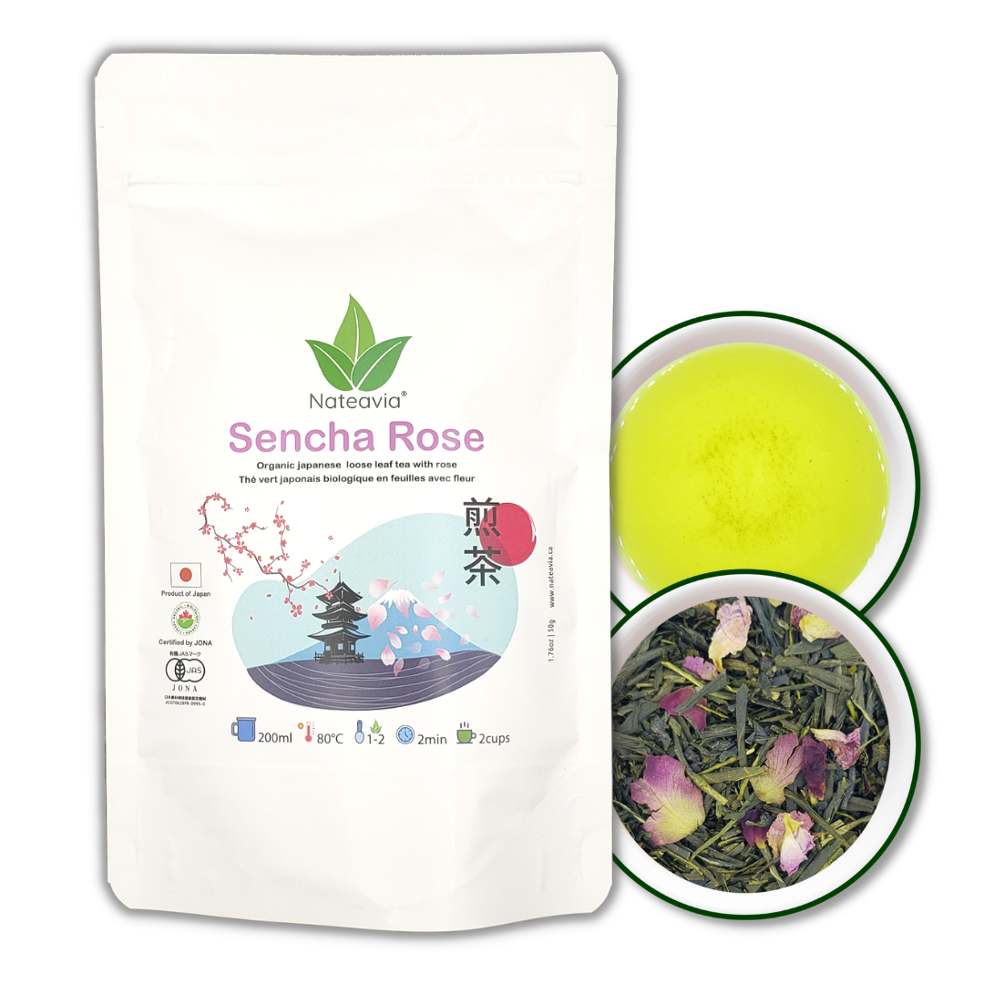 Organic Japanese Sencha Green Tea with Rose – First Flush Loose Leaf from Shizuoka – 50g | Nateavia
